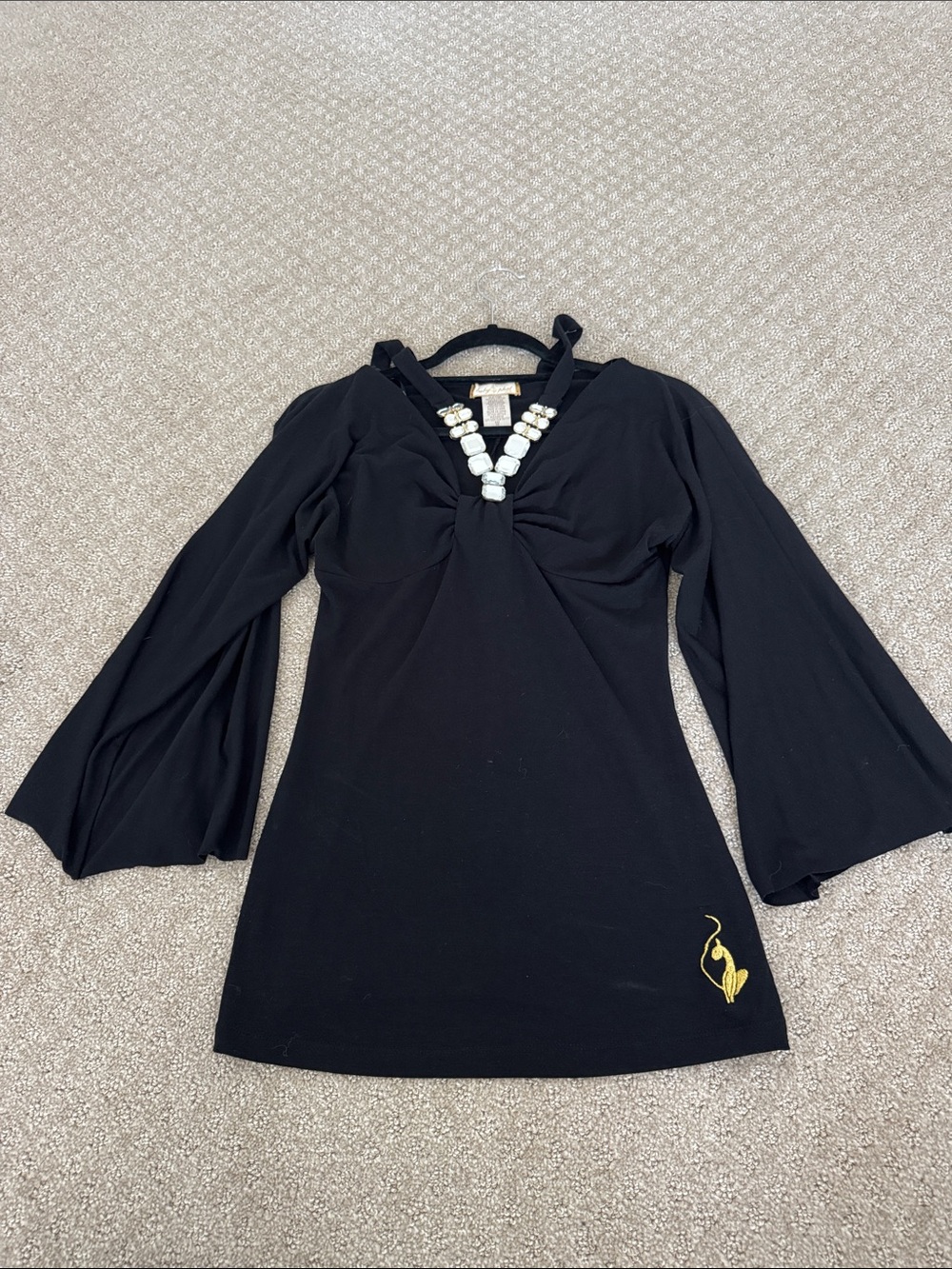 Baby Phat Black Bell Sleeve Top with Bead Accent